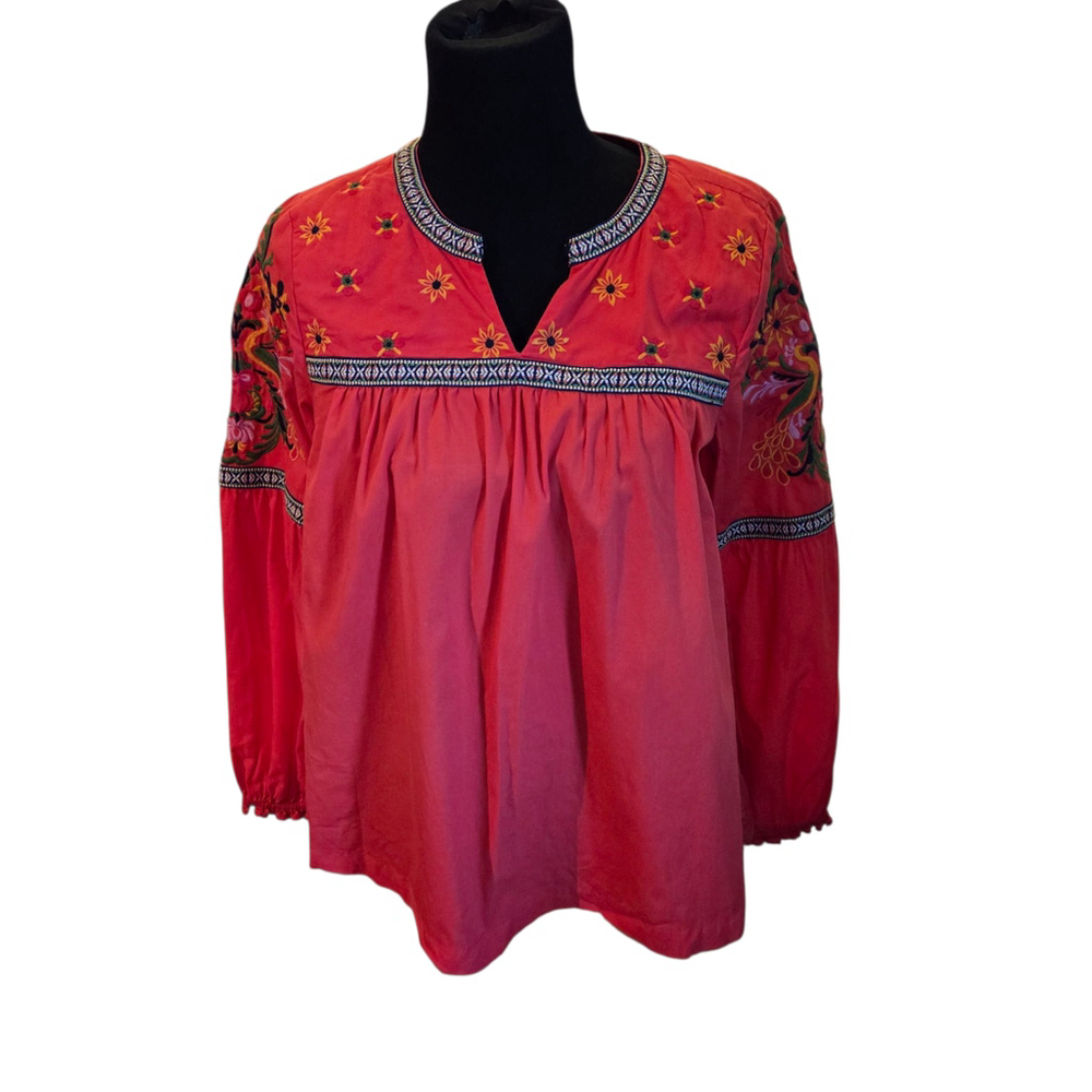 Crown & Ivy Red Embroidered Boho Peasant Top Floral Long Sleeve Blouse Size S - Picture 2 of 5